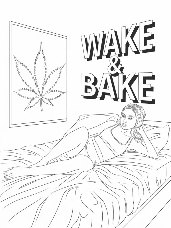 Woman lying on bed, with a framed marijuana leaf painting and bold text 'wake & bake' on the wall — free printable cannabis culture coloring book page