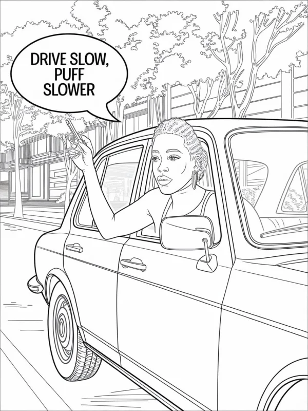 Braided woman driving a vintage car in urban street, realistic line art style — free printable urban daily life coloring book page