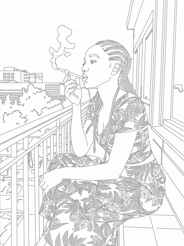 Braided woman smoking on balcony, realistic line art style — free printable urban daily life coloring book page