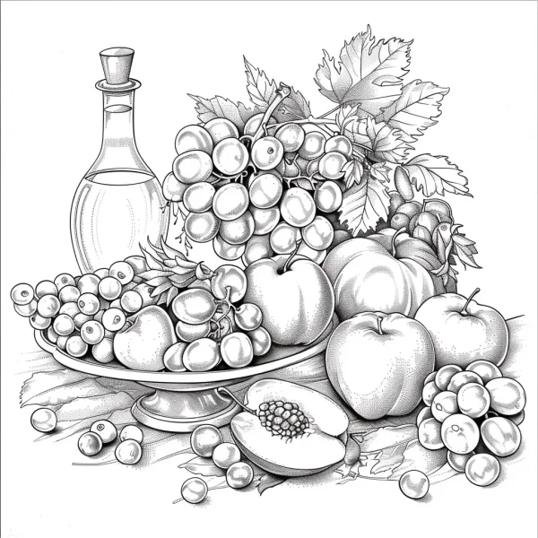 Still life of fruits including grapes, apples — free printable still life coloring book page