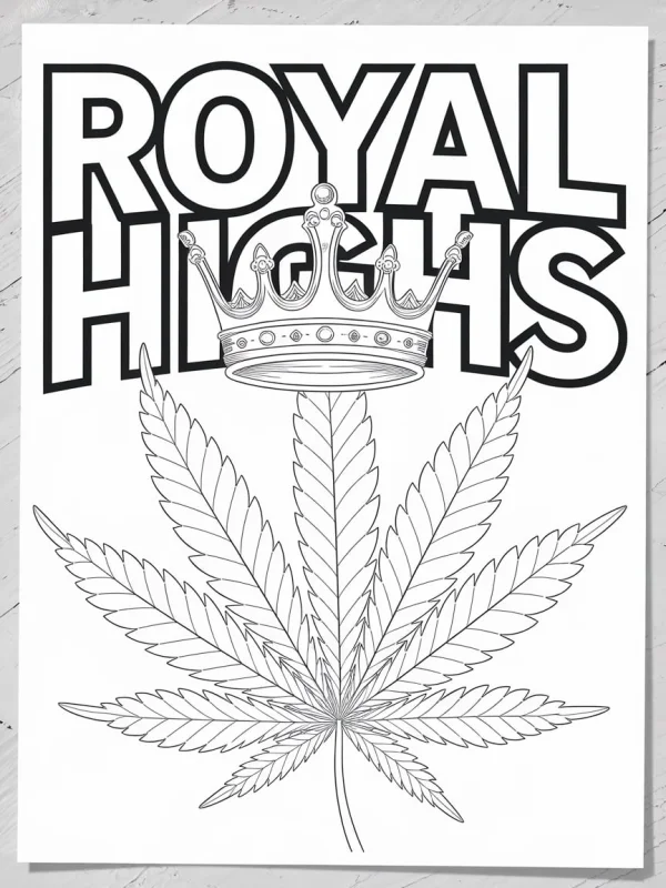 Cannabis leaf with a royal crown, bold decorative text 'royal highs' on top — free printable alternative culture coloring book page