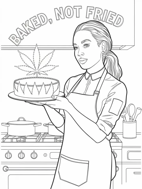 Female chef holding a cake with cannabis leaf on top, kitchen background with stoves — free printable alternative culture coloring book page