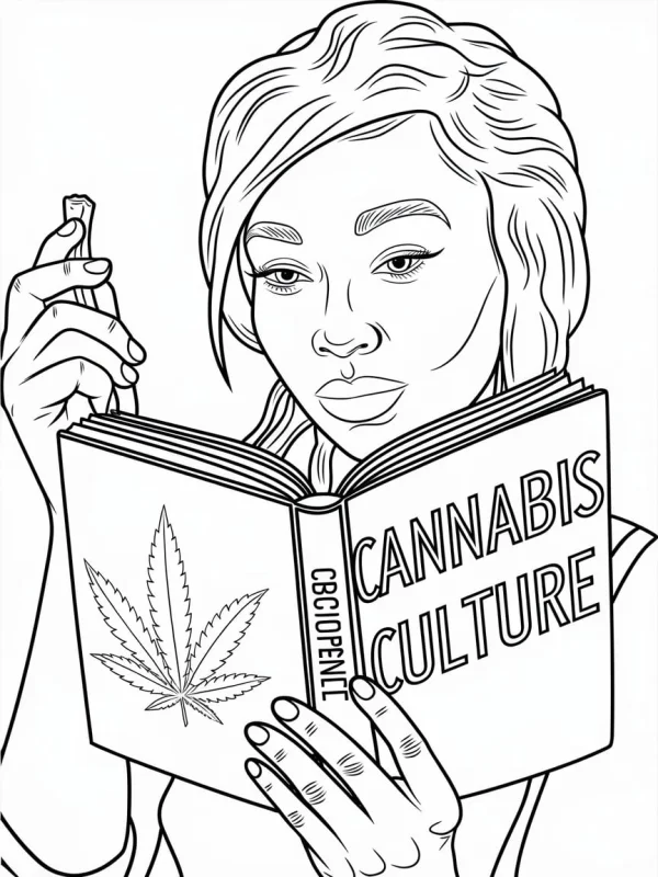 Girl holding a cannabis culture book and cannabis joint, cartoon style — free printable cannabis culture coloring book page
