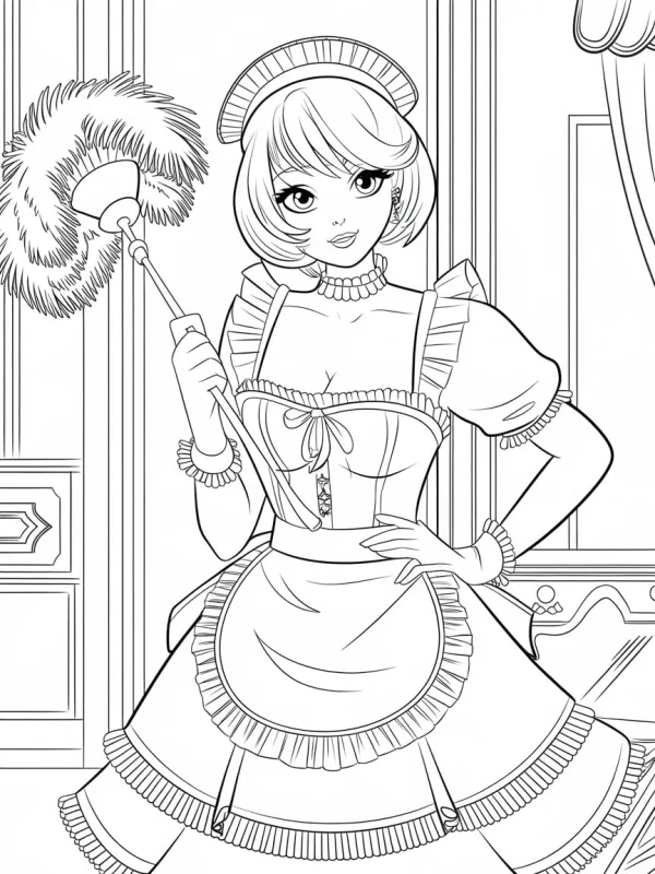 European-style maid holding a feather duster, anime style — free printable career theme coloring book page