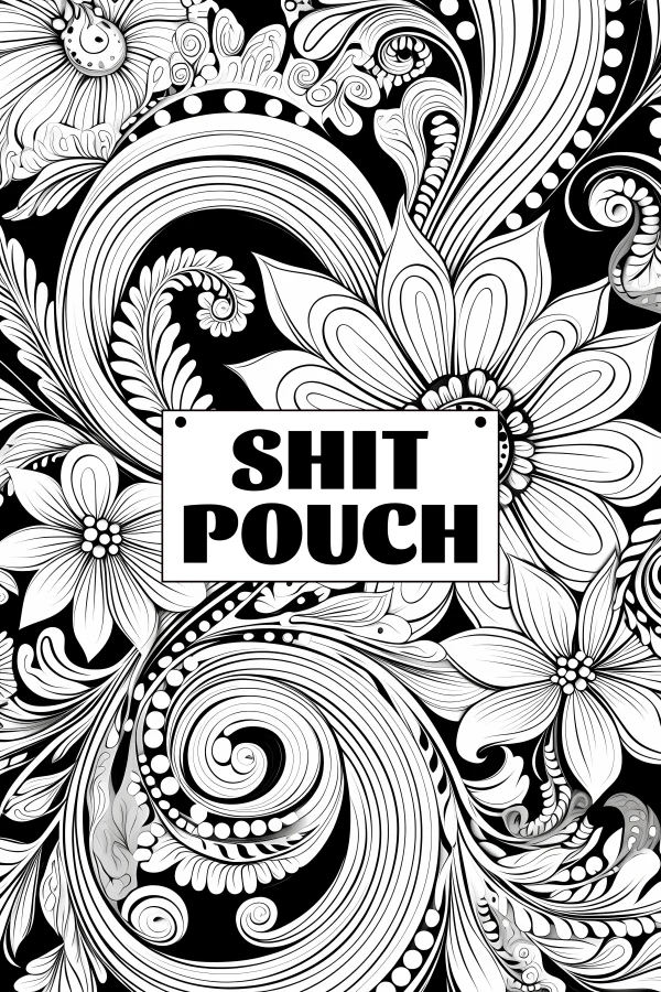 Floral swirl patterns with vulgar text sign 'shit pouch', decorative art style — free printable vulgar content coloring book page
