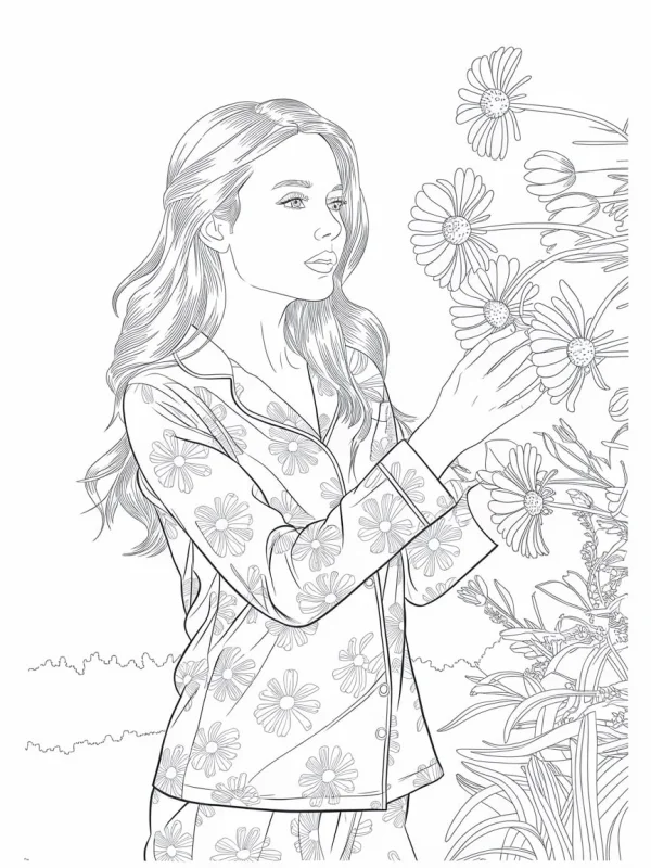 Long-haired girl in daisy-patterned pajamas, realistic line art style — free printable character theme coloring book page