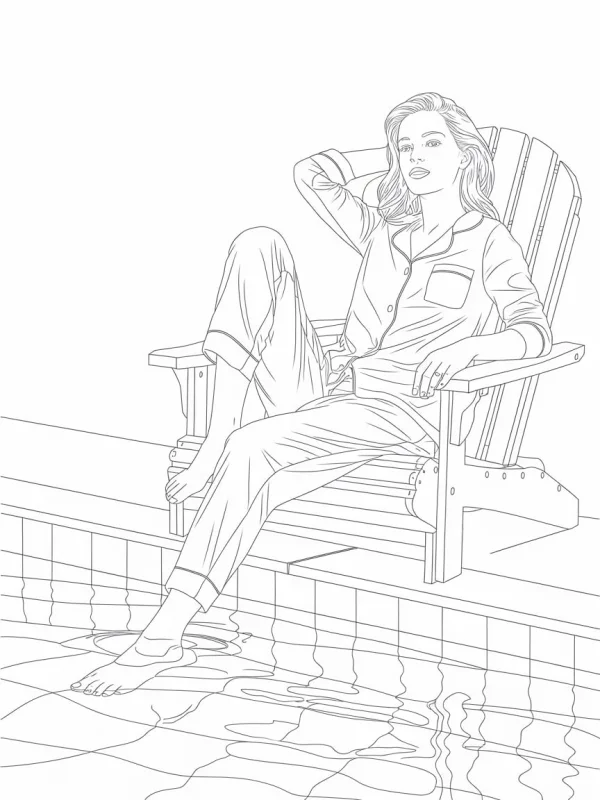 Woman in pajamas relaxing on an adirondack chair by the swimming pool, realistic line art style — free printable daily scene coloring book page