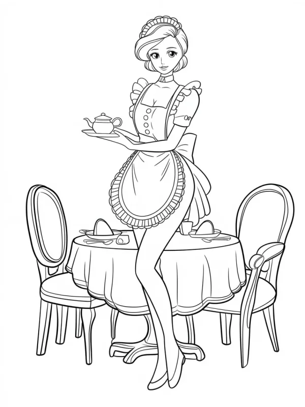 Maid waitress holding a teapot on a tray, cartoon style — free printable dining coloring book page