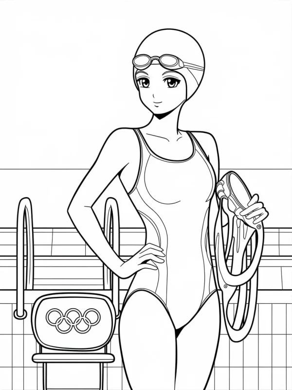 Anime style swimming girl wearing swim cap and goggles, standing by swimming pool with ladder and chair with olympic rings — free printable athlete coloring book page