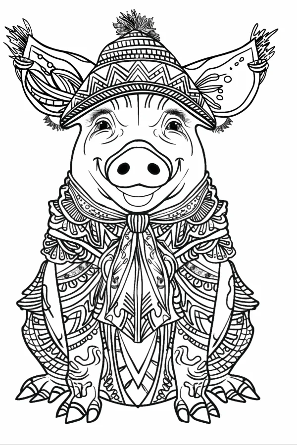 Pig in traditional chinese costume with ornate hat, chinese style — free printable spring festival coloring book page