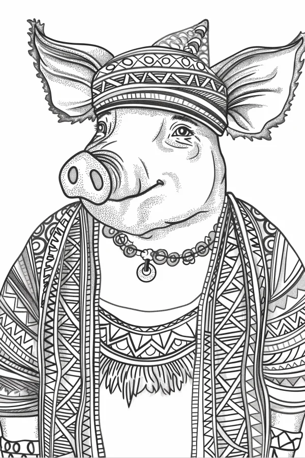 Anthropomorphic pig in tribal clothing, tribal style with intricate geometric patterns — free printable ethnic culture coloring book page