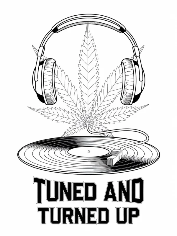 Cannabis leaf wearing over-ear headphones placed above a vinyl record, retro street style — free printable trendy culture coloring book page