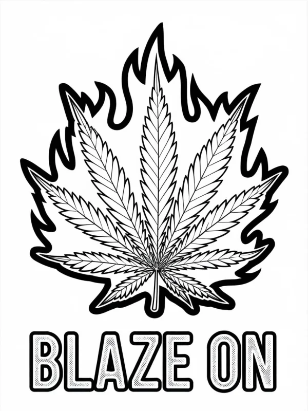 Cannabis leaf with flame outline, street art style — free printable cannabis culture coloring book page