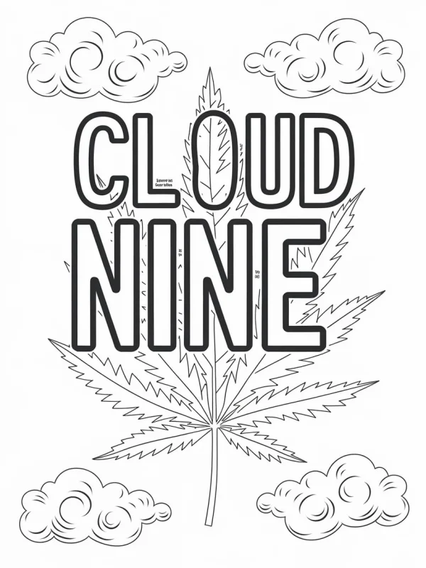 Cannabis leaf paired with bold outline text 'cloud nine', minimalist style — free printable cannabis culture coloring book page