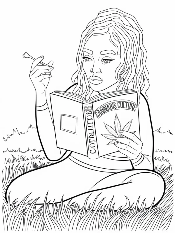 Girl sitting in grass reading a book titled 'cannabis culture' and holding a marijuana joint, cartoon style — free printable cannabis culture coloring book page