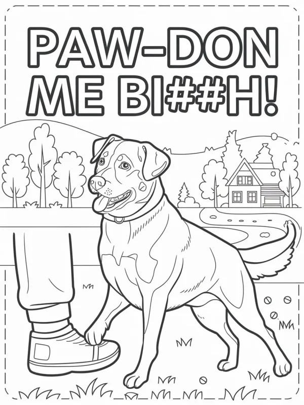 Mischievous dog biting a person's shoe, cartoon style — free printable parody coloring book page