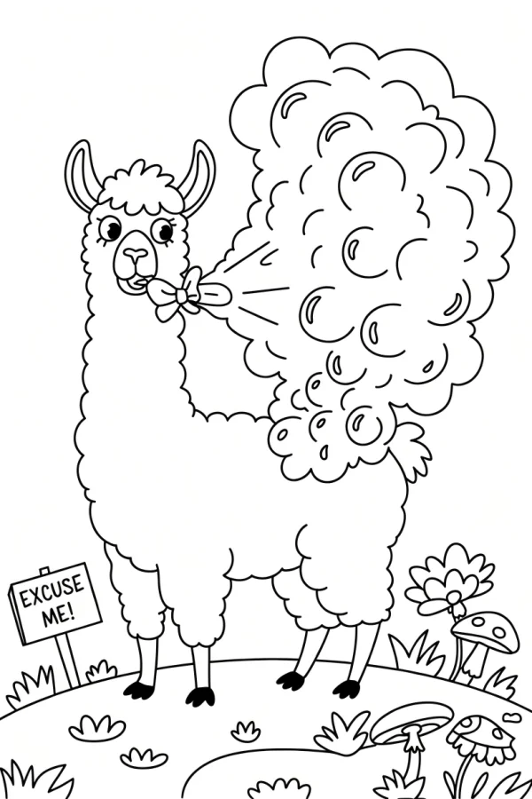 Funny alpaca with a bow tie releasing a cloud of gas, cartoon style — free printable fun life coloring book page