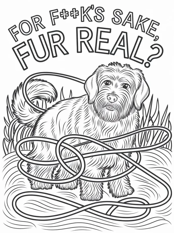 Fluffy dog tangled in rope, cartoon style — free printable fun life coloring book page