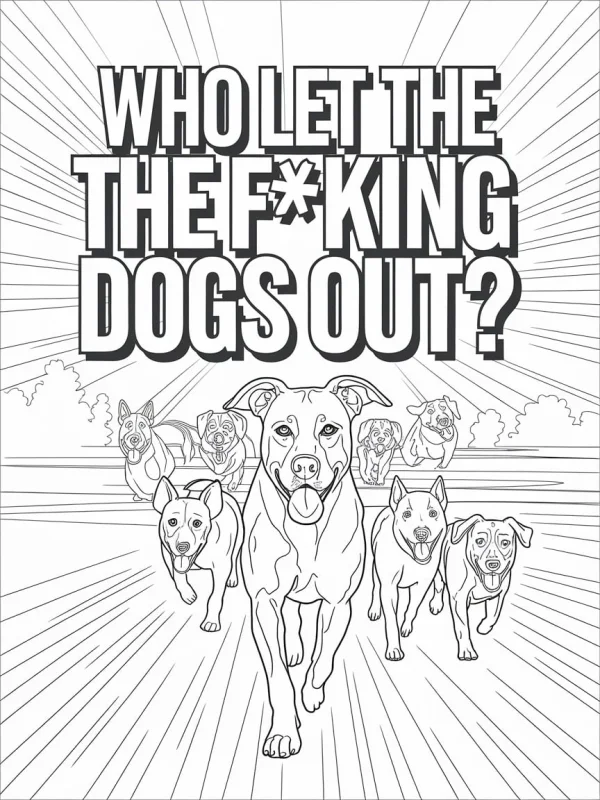 A group of running dogs, cartoon style — free printable parody coloring book page