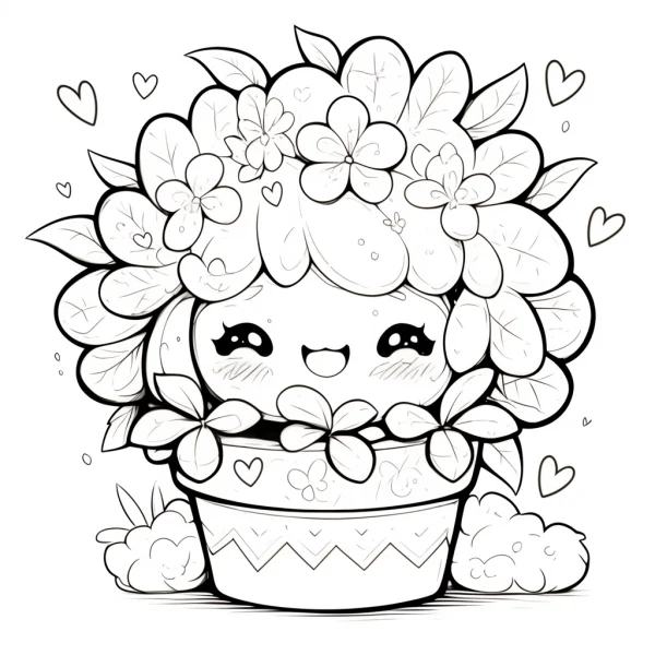 Cute anthropomorphic potted plant with flowers and leaves, cartoon style — free printable coloring page