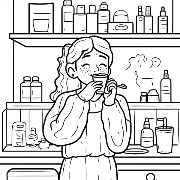 Freckled girl using skincare product, cartoon style — free printable beauty care coloring book page