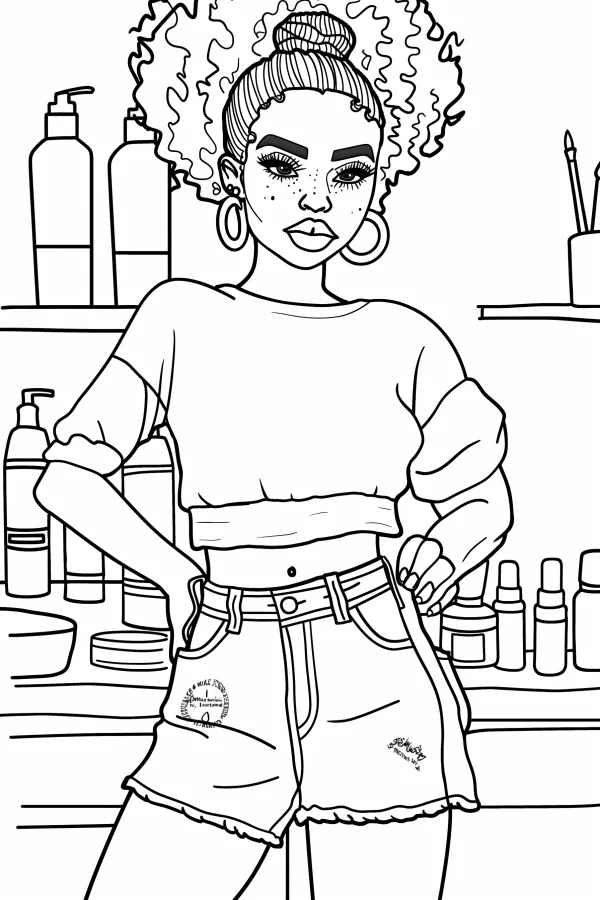 Stylish curly-haired girl with big hoop earrings, cartoon style — free printable beauty care coloring book page