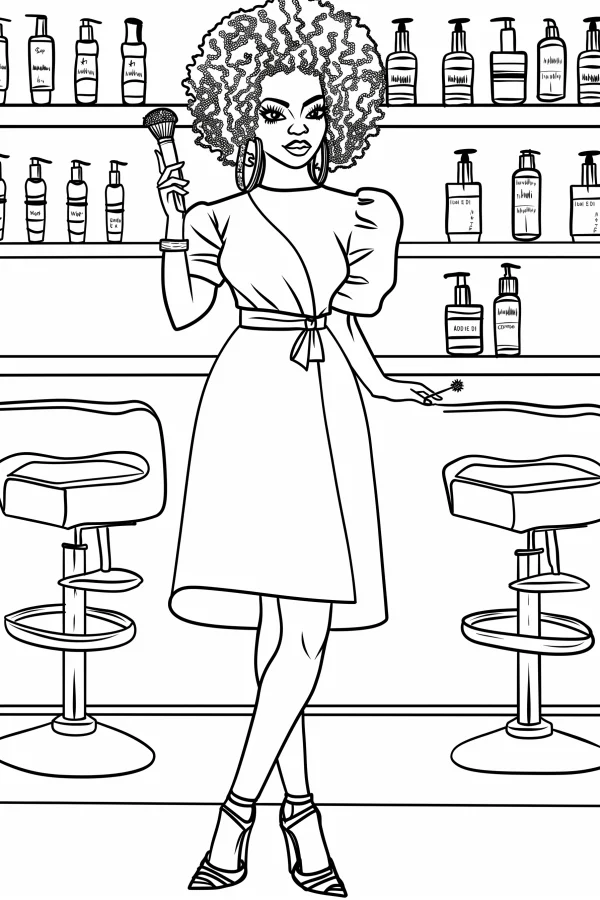 Curly-haired female hairstylist standing in a hair salon, cartoon style — free printable beauty and hair coloring book page