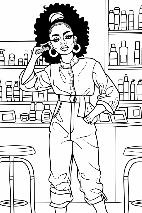 Afro-haired female hairdresser, cartoon style — free printable beauty and hair coloring book page