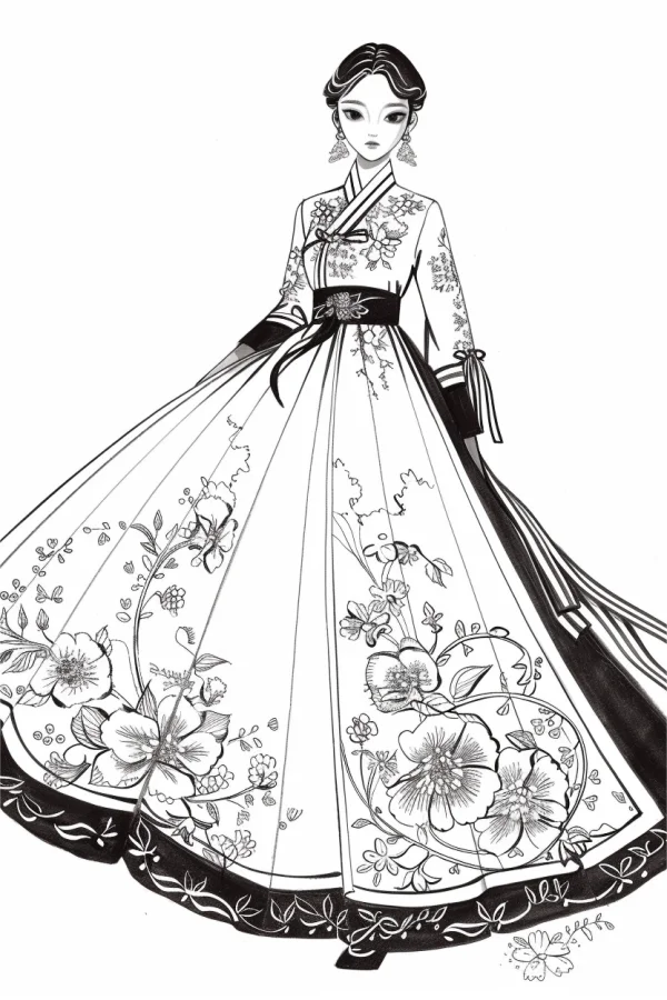 Elegant girl wearing traditional korean hanbok, korean style — free printable korean style coloring book page