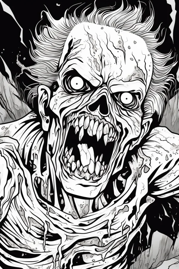 Terrifying zombie with cracked skin, sharp fangs and exposed ribs — free printable zombies coloring book page