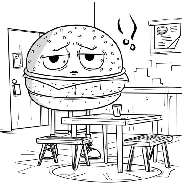 Anthropomorphic sad hamburger sitting in a restaurant, cartoon style — free printable personification coloring book page