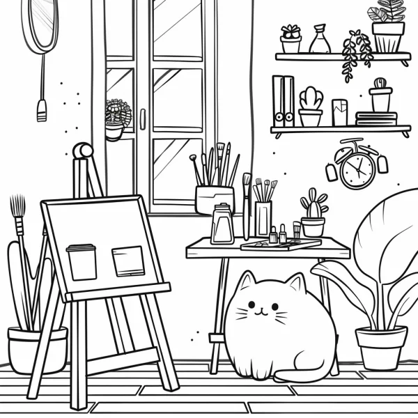 Chubby cat in a cozy art studio, cartoon style — free printable indoor life coloring book page