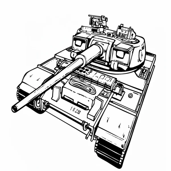 Military tank, realistic line art style — free printable military coloring book page