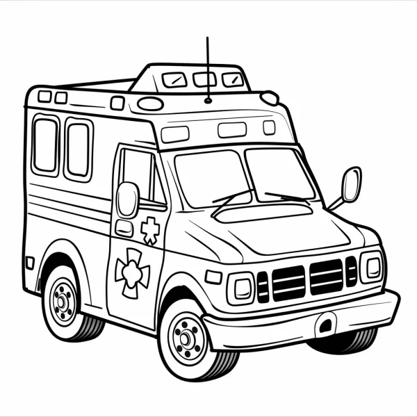 Ambulance, cartoon style — free printable career theme coloring book page