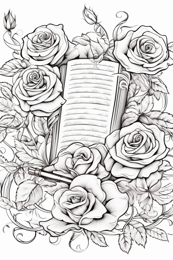 Letter paper surrounded by roses and a fountain pen, realistic line art style — free printable writing coloring book page