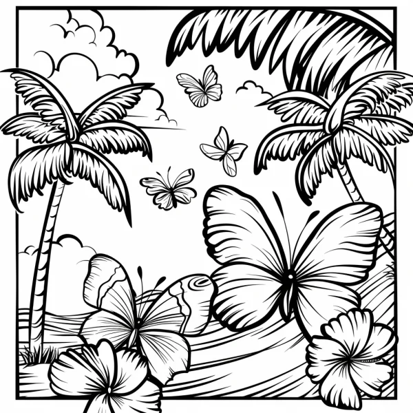 Tropical beach scene with palm trees, butterflies and hibiscus flowers — free printable tropical coloring book page