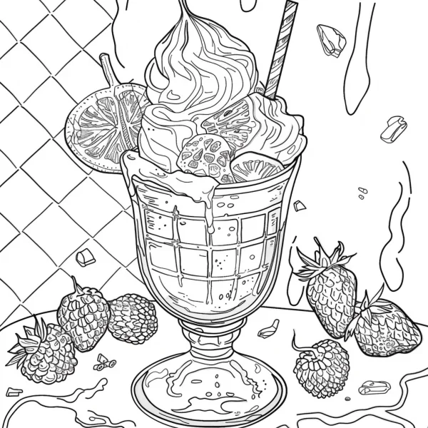 Sundae ice cream with berries, cartoon style — free printable desserts coloring book page