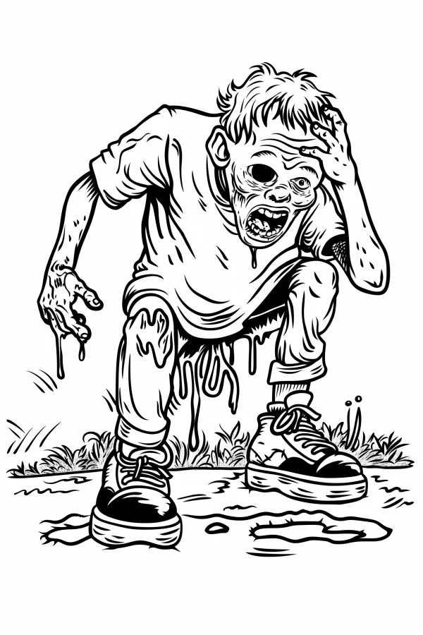 Horror zombie with drooling slime, cartoon horror style — free printable zombies coloring book page