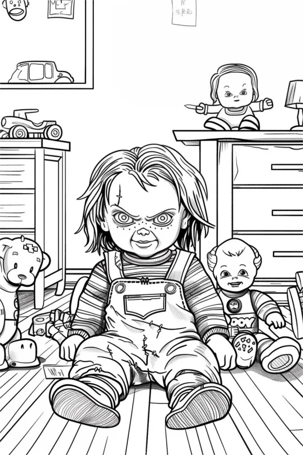 Horror chucky doll sitting on wooden floor in a children's room, surrounded by various toys including teddy bear — free printable toys coloring book page