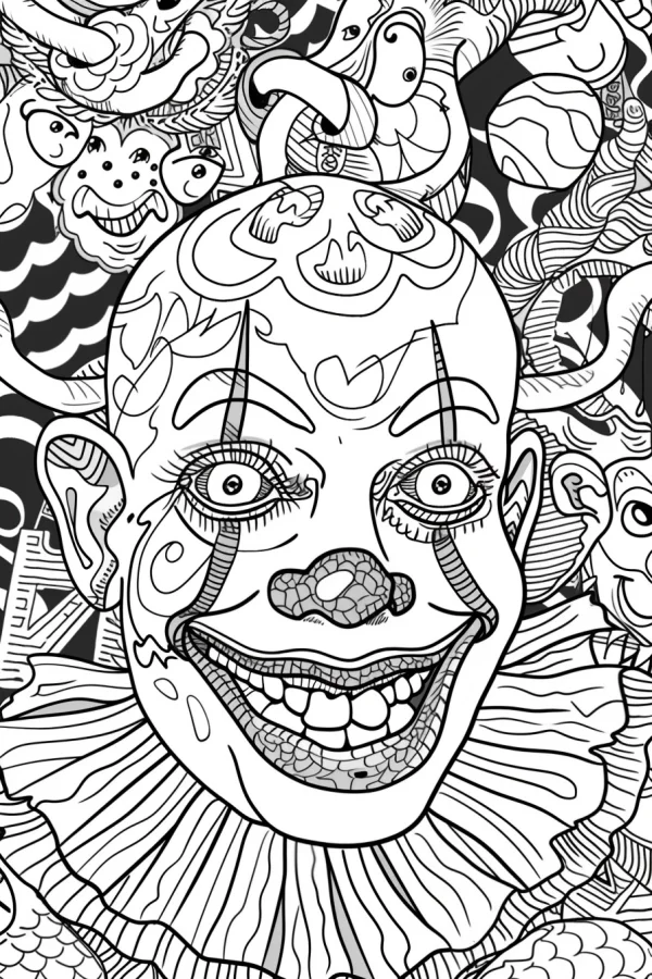 Creepy clown face, dark horror style — free printable weird coloring book page