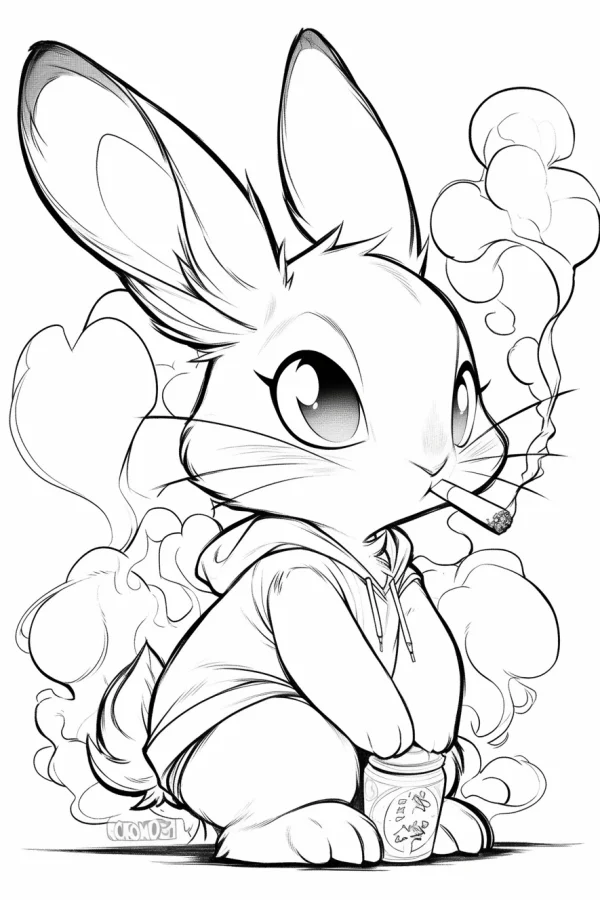 Coloring book page, anthropomorphic smoking rabbit wearing a hoodie — free printable personification coloring book page