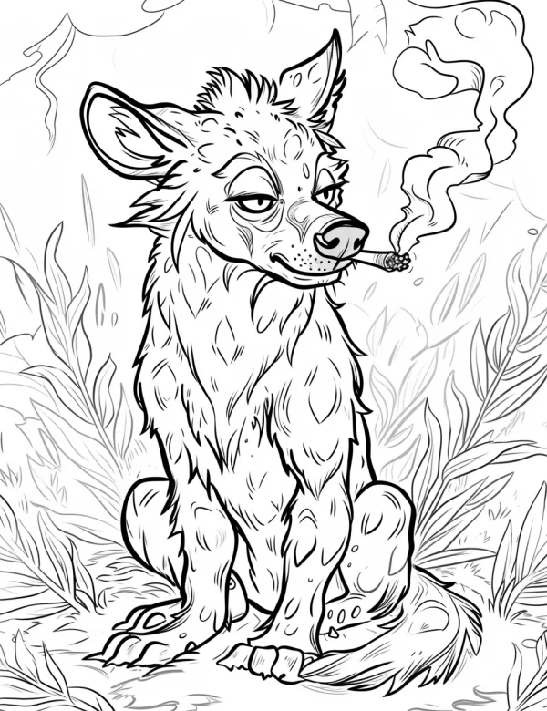 Anthropomorphic hyena smoking a cigarette, cartoon style — free printable personification coloring book page