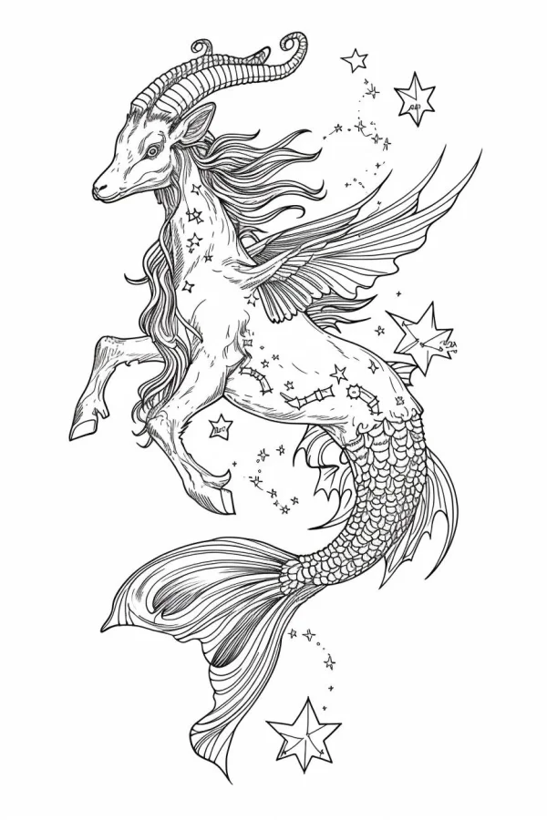 Winged capricorn mythical creature with goat head, spiral horns and fish tail — free printable constellations coloring book page