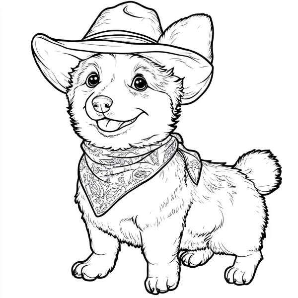 Corgi dog dressed as a cowboy wearing a cowboy hat and paisley bandana, cartoon style — free printable western cowboy coloring book page