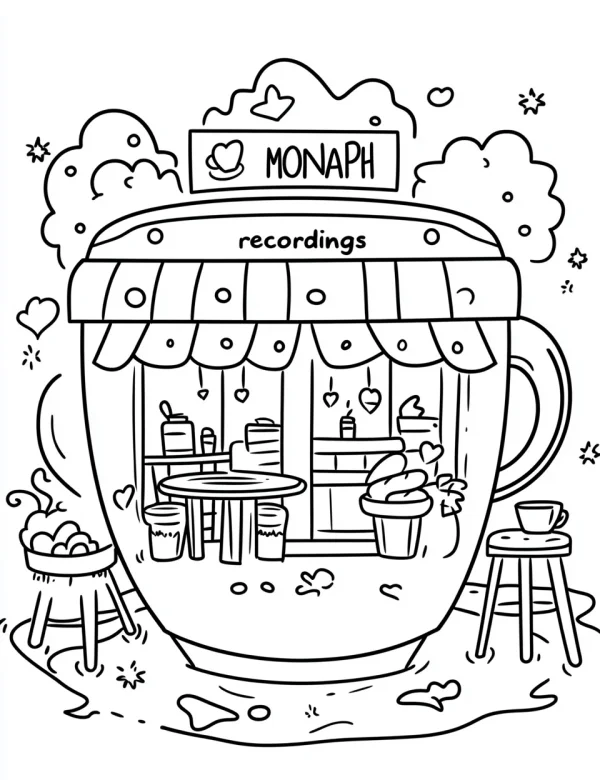 Coffee cup shaped cafe shop, cartoon style — free printable cafe coloring book page