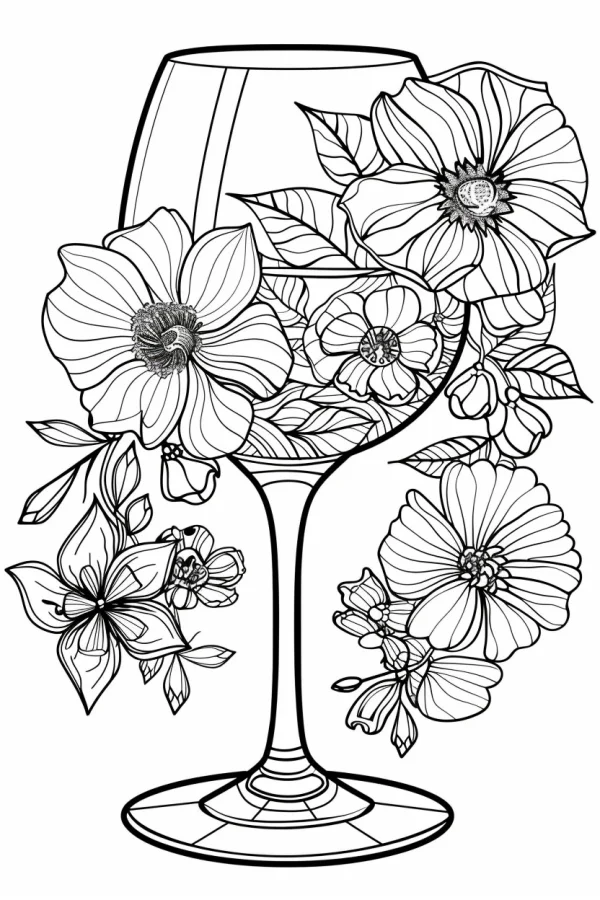 Wine glass wrapped with various flowers, buds and leaves — free printable beverages coloring book page