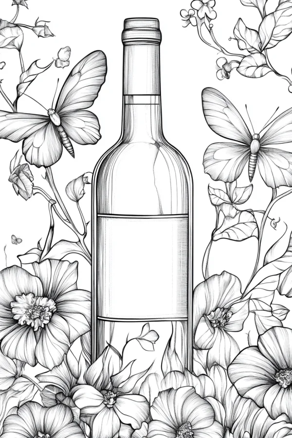 Wine bottle surrounded by hibiscus flowers and butterflies, realistic line art style — free printable beverages coloring book page