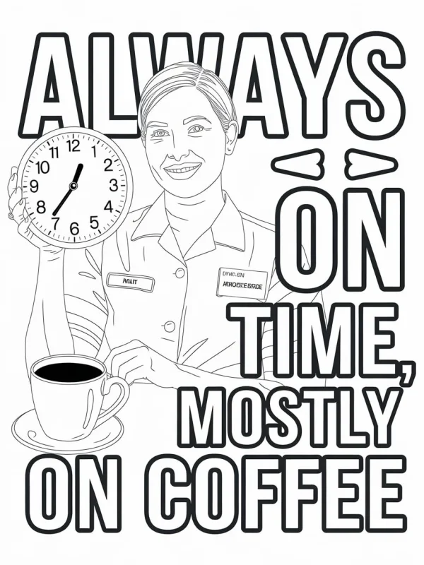 Nurse holding clock and coffee cup, cartoon style — free printable nurse coloring book page