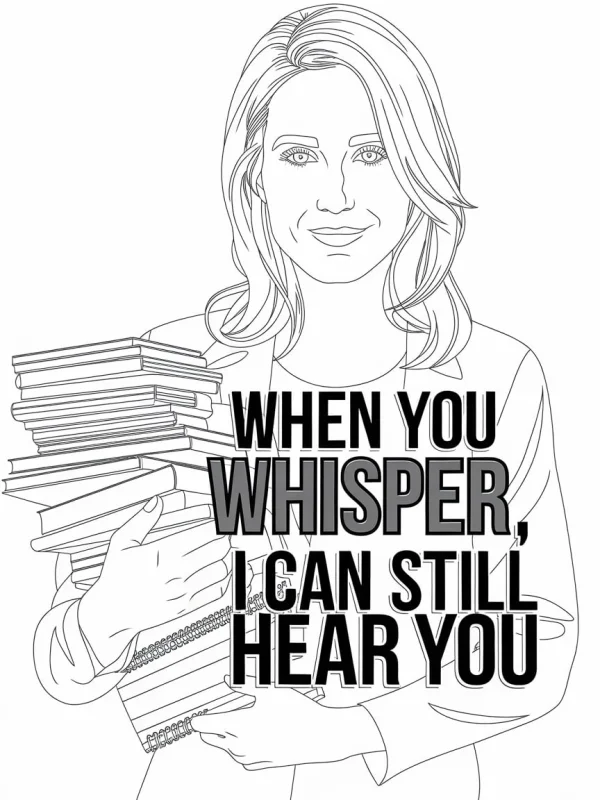 Female teacher holding a stack of books, realistic line art style — free printable teacher coloring book page