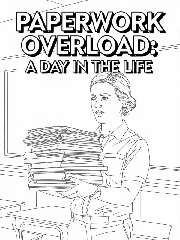 Teacher holding a huge stack of paperwork, realistic line art style — free printable teacher coloring book page